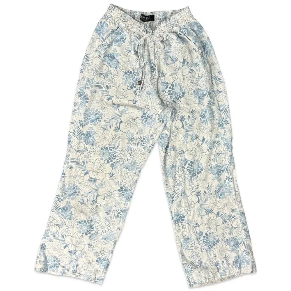 Beau Dawson Blue White Floral Linen Blend Wide Leg Tie Front Pants size L 10 12